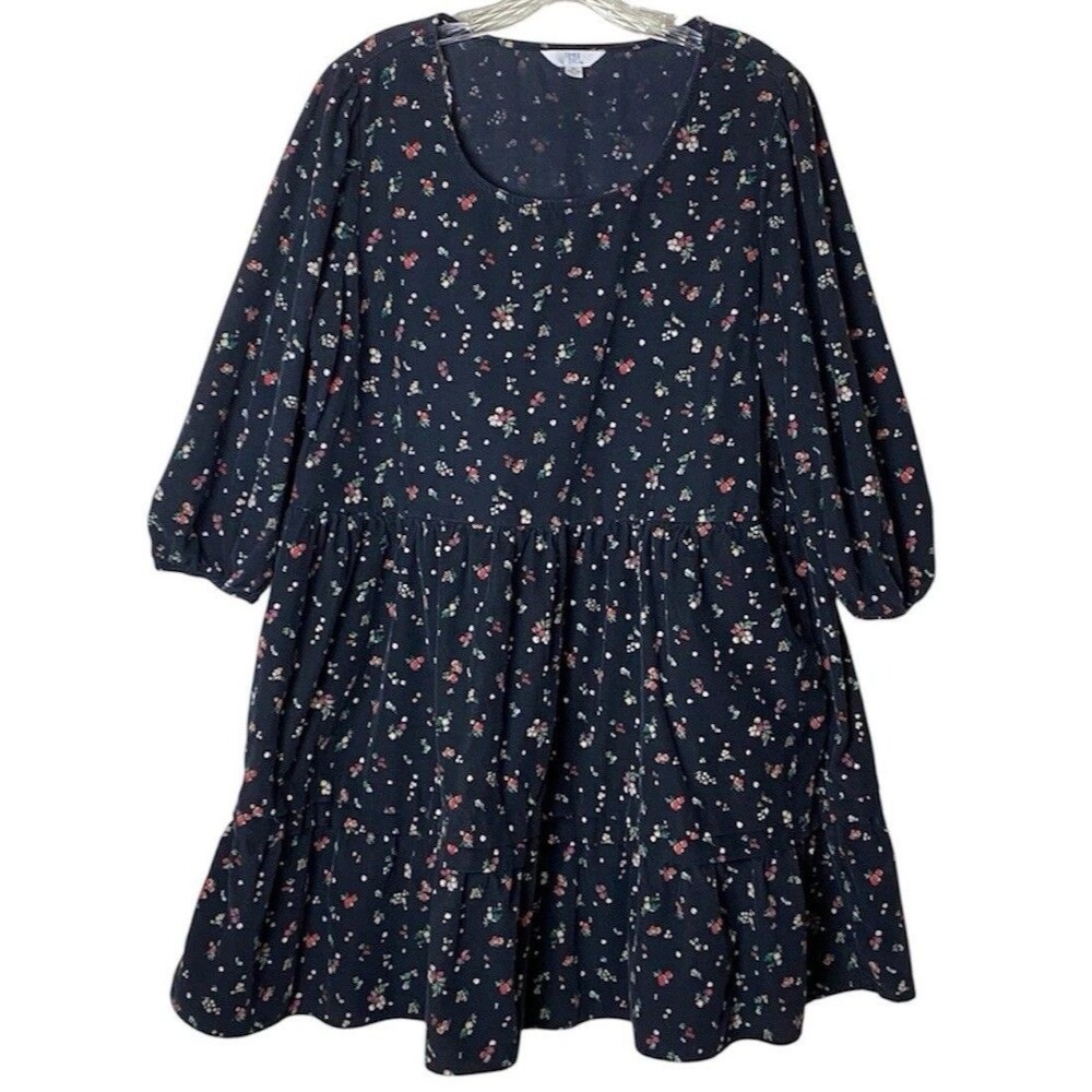 Time And Tru Mini Dress Black Ditsy Floral Fine Wale Corduroy Coquette Size XL